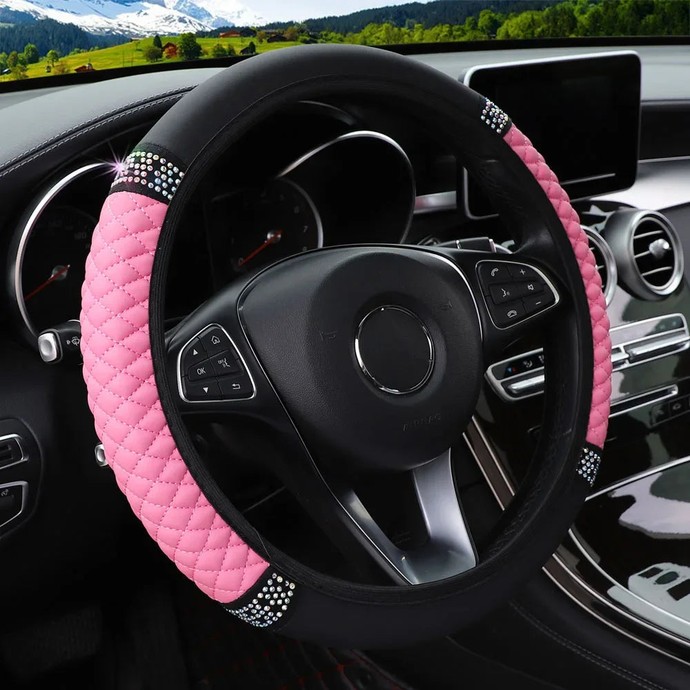 Diamond-Studded Leather Steering Wheel Cover – 38cm Grip for Car Interior