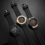 Mens Rose Gold Silicone Sports Watch – 46mm Hollow Dial for Daily Fashion