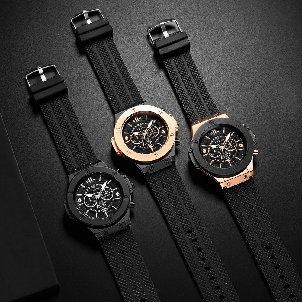 Mens Rose Gold Silicone Sports Watch – 46mm Hollow Dial for Daily Fashion