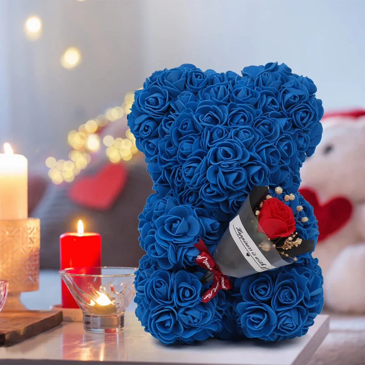 Artificial Rose Teddy Bear – 25cm Flower Figurine for Anniversary Gifts
