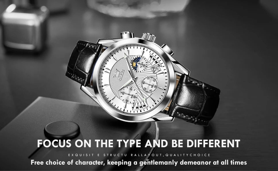 OLEVS Quartz Men's Watch – Luxury Waterproof Leather Wristwatch for Business