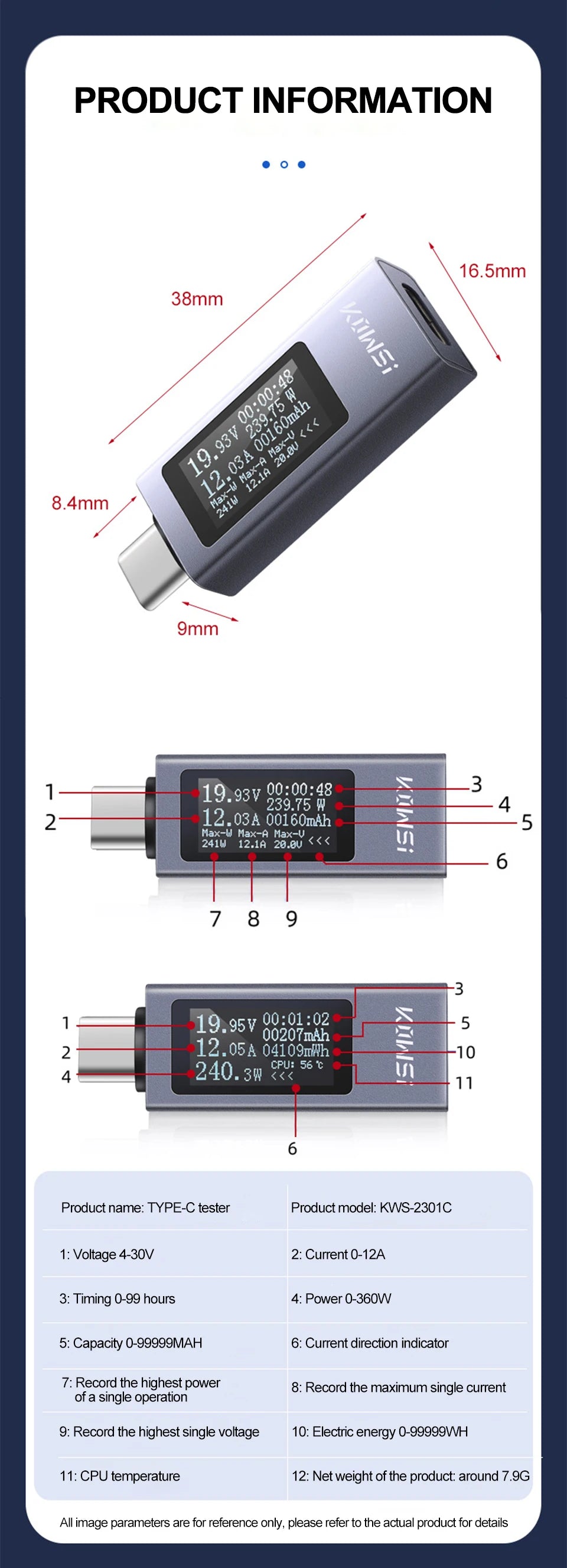 Digital USB-C Power Tester – Voltage and Current Monitor for Battery Testing