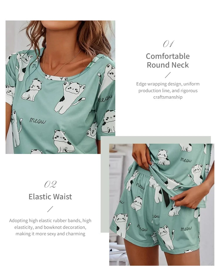 Women Cartoon Pajama Set – Short Sleeve Loungewear for Comfortable Sleep