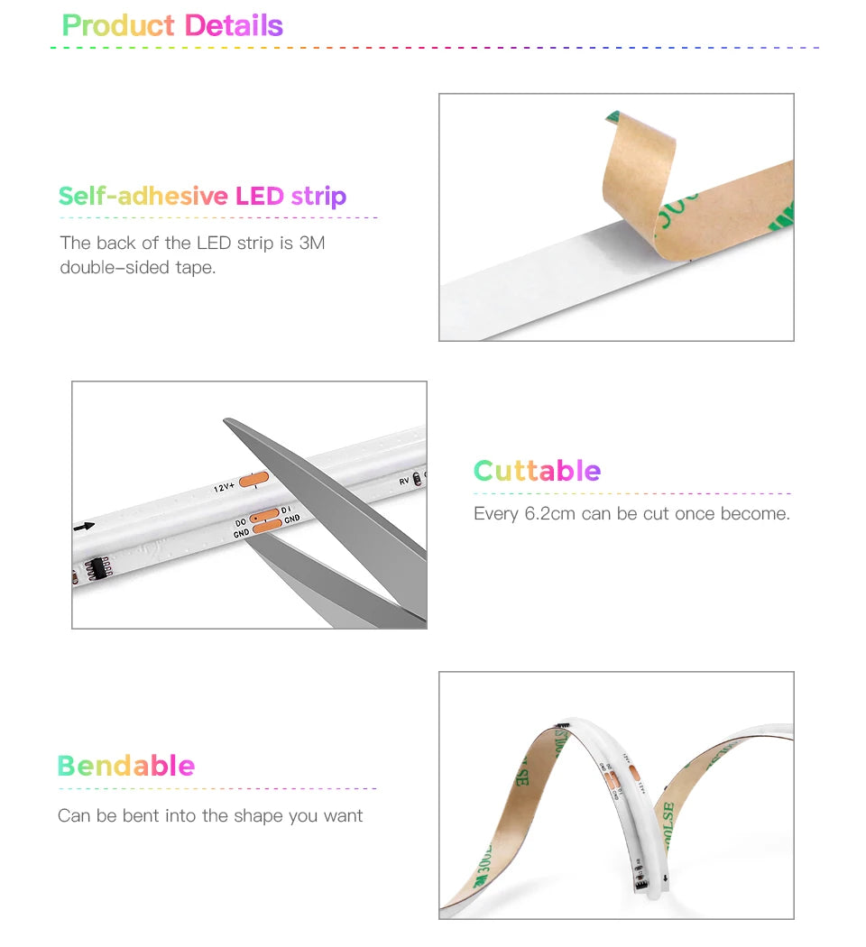 Addressable COB LED Strip Light – RGBIC WIFI Tape for Smart Home Decor