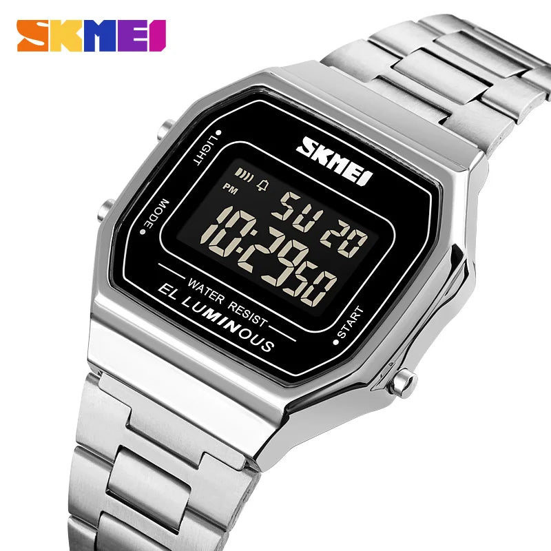 Retro LED Digital Watch – Stainless Steel Wristwatch for Men