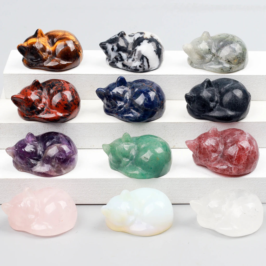 Carved Crystal Cat Figurine – Natural Stone Animal Statue for Home Decor
