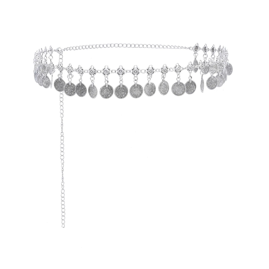 Silver coin charm belt with adjustable chain and decorative round pendants