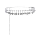 Silver coin charm belt with adjustable chain and decorative round pendants
