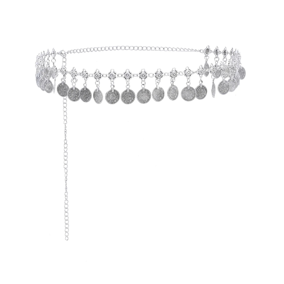 Silver coin charm belt with adjustable chain and decorative round pendants