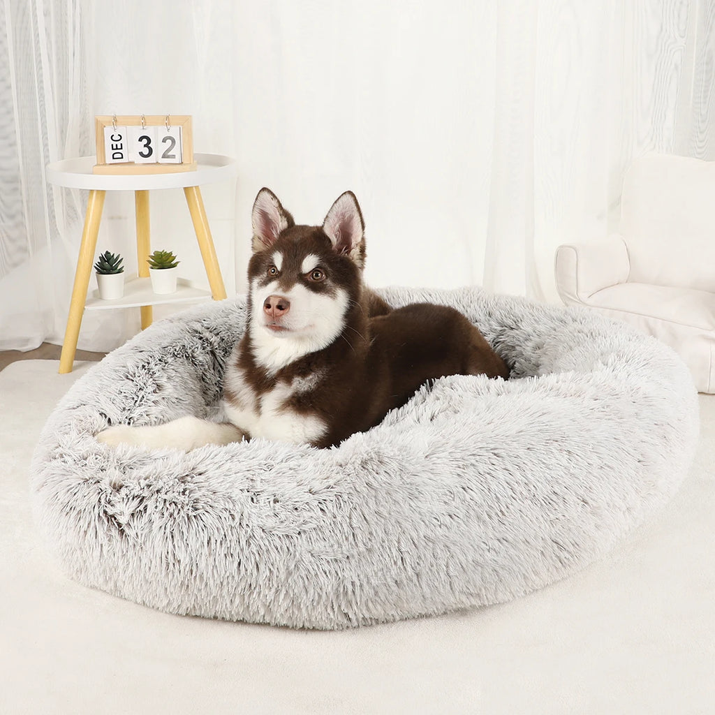 Plush Donut Dog Bed – Large Round Fluffy Kennel for Winter Pet Comfort