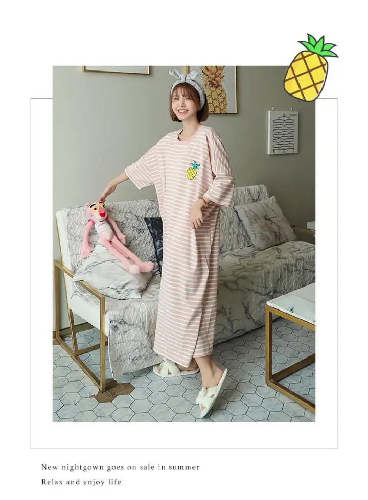 Plus Size Striped Pajama Dress – Short-Sleeved Cartoon Sleepwear for Women