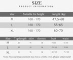 Clothing size chart with height, weight, and measurements for M, L, XL options.