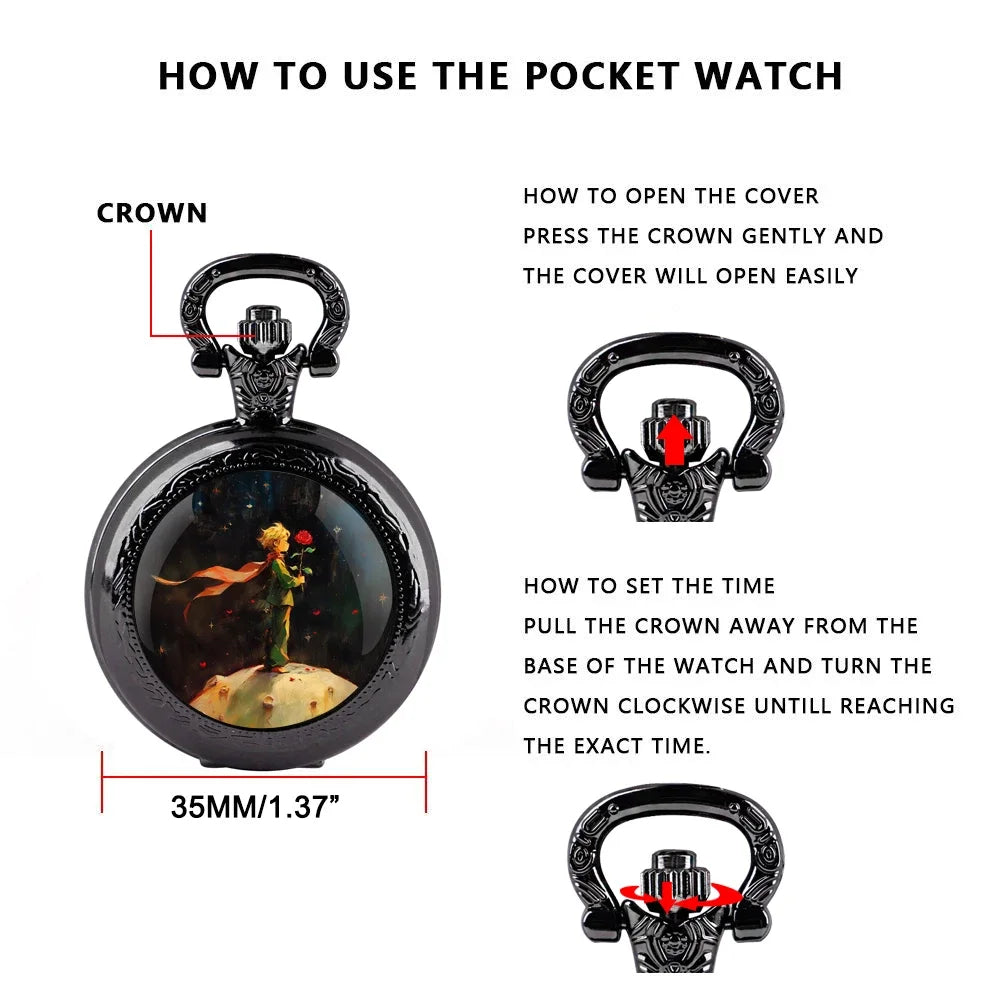 Prince and Rose Pocket Watch – Vintage Pendant Clock for Kids Men and Women
