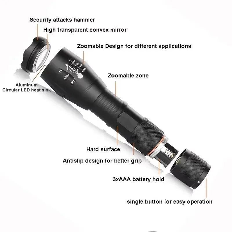 T6 LED Zoomable Flashlight – Waterproof Aluminum Torch for Camping