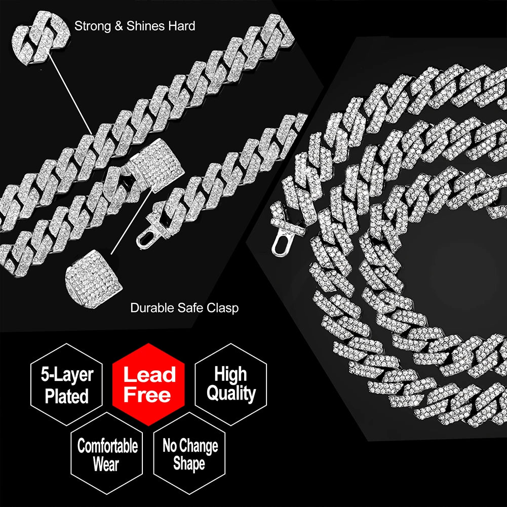 Iced Out Cuban Link Chain – AAA Rhinestone Men's Necklace for Hip Hop Jewelry
