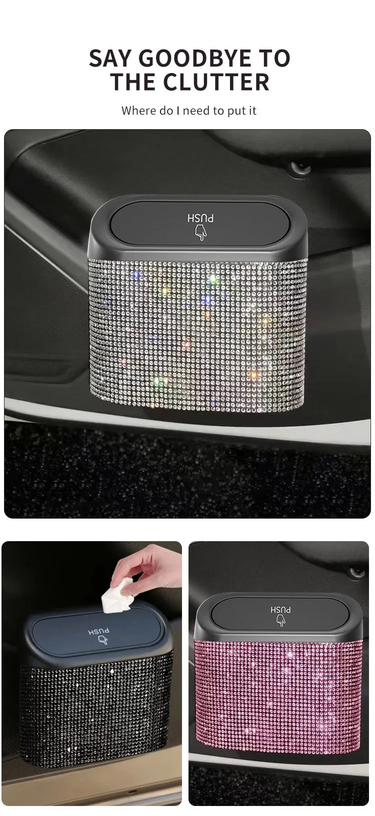 Bling Car Trash Bin – Crystal Seat Back Garbage Storage for Women Interior