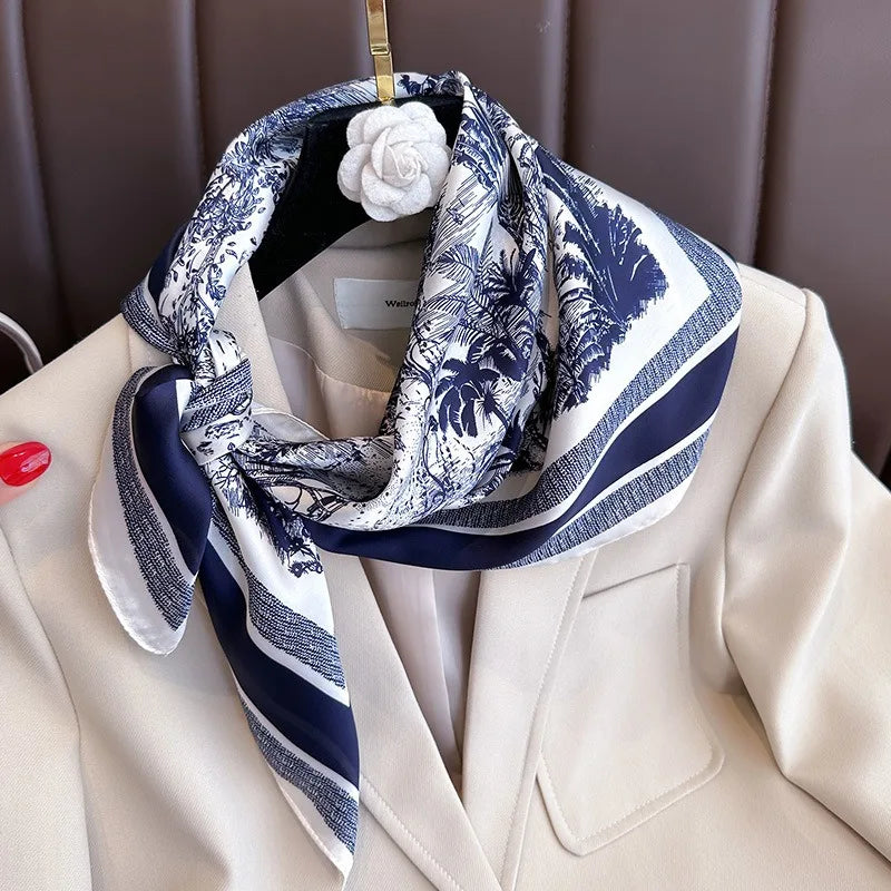 Floral Print Silk Square Scarf – Elegant Women Headwear and Accessory