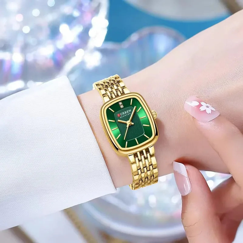 Gold Stainless Steel Quartz Watch – Elegant Square Dial for Business Fashion