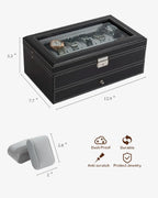 12 Slot Leather Watch Box – Lockable 2-Tier Jewelry Organizer for Display