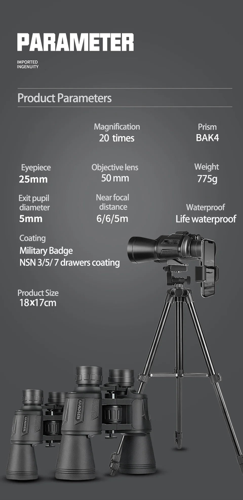 HD Zoom Binoculars – 20x50 BAK4 Prism Professional Telescope for Outdoor