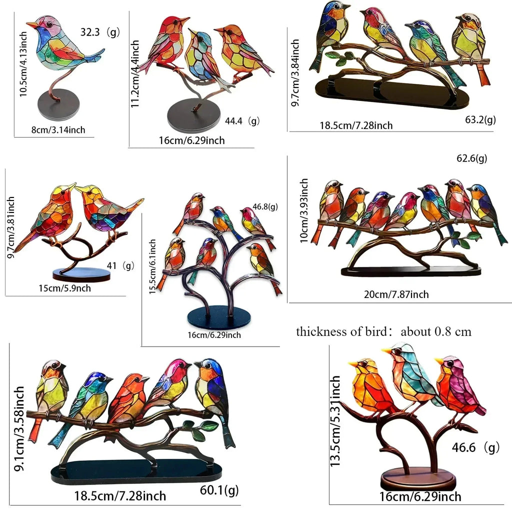 Stained Acrylic Bird Statue – Colorful 2D Branch Ornament for Home Decor