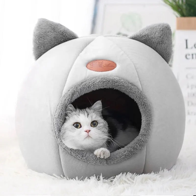 Plush Cat Shape Bed – Semi-Closed Warm Cave for Pet Sleeping