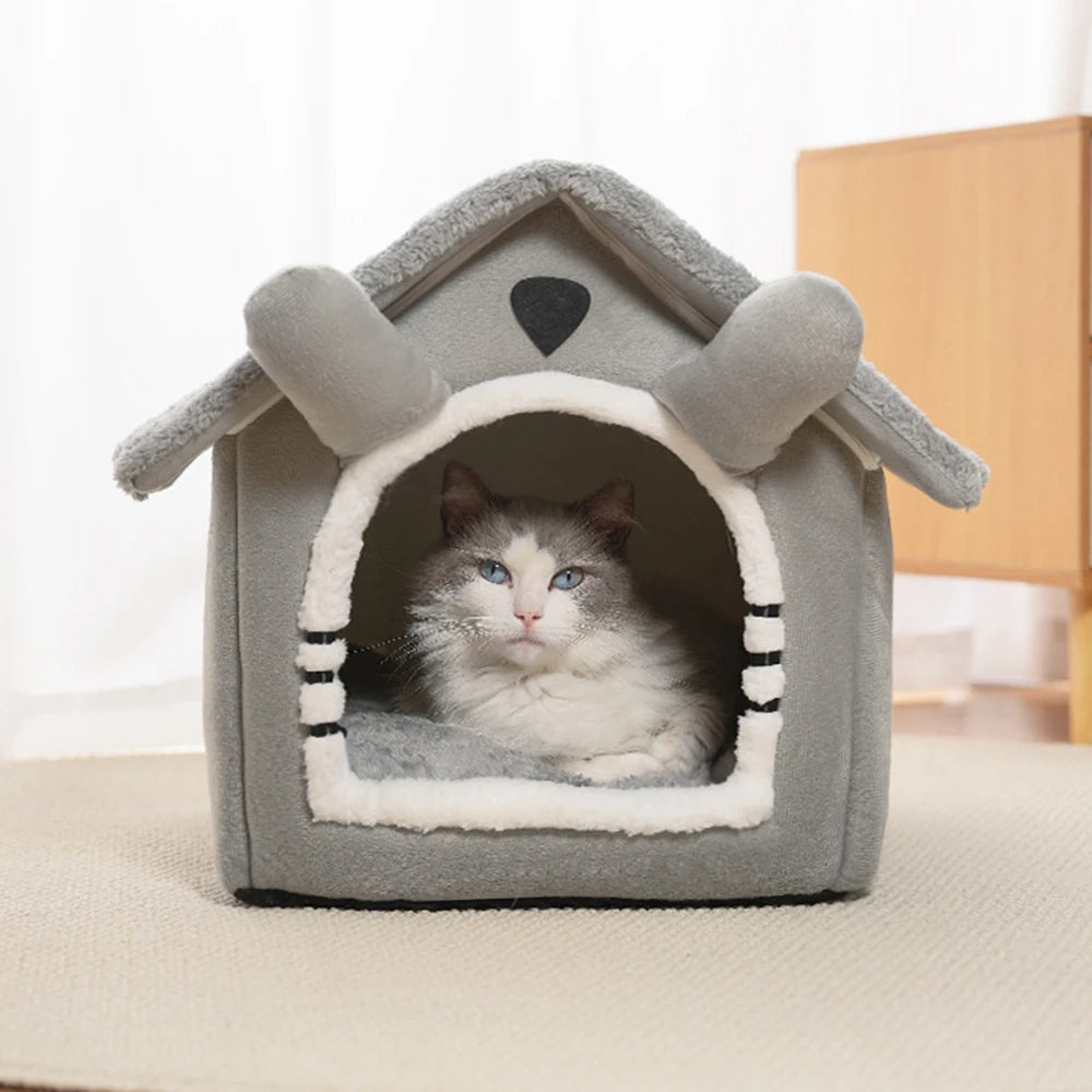 Detachable Gray Cat House – Semi-Enclosed Washable Shelter for Winter