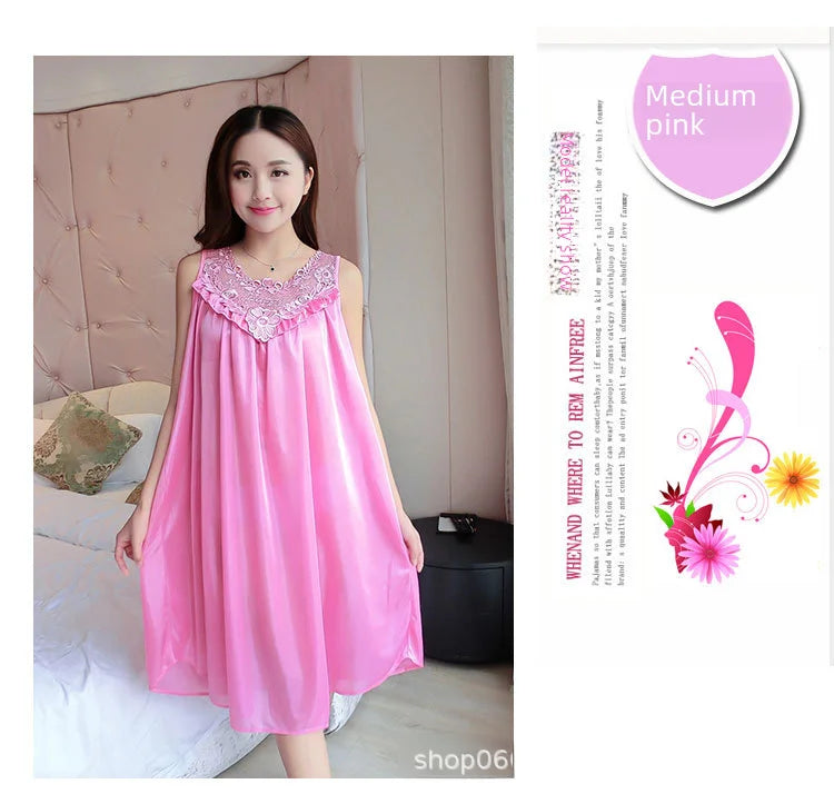 Ice Silk Sleep Dress – Plus Size Women's Tank Nightgown for Summer Housewear