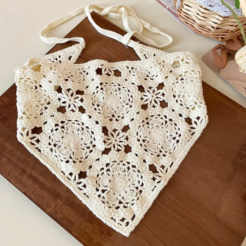 Knitted Lace Flower Hair Scarf – Boho Triangle Headband for Women Hair Styling