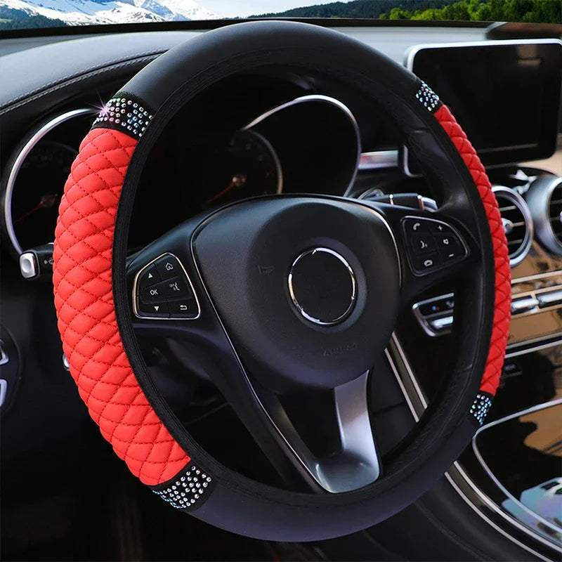 Diamond-Studded Leather Steering Wheel Cover – 38cm Grip for Car Interior