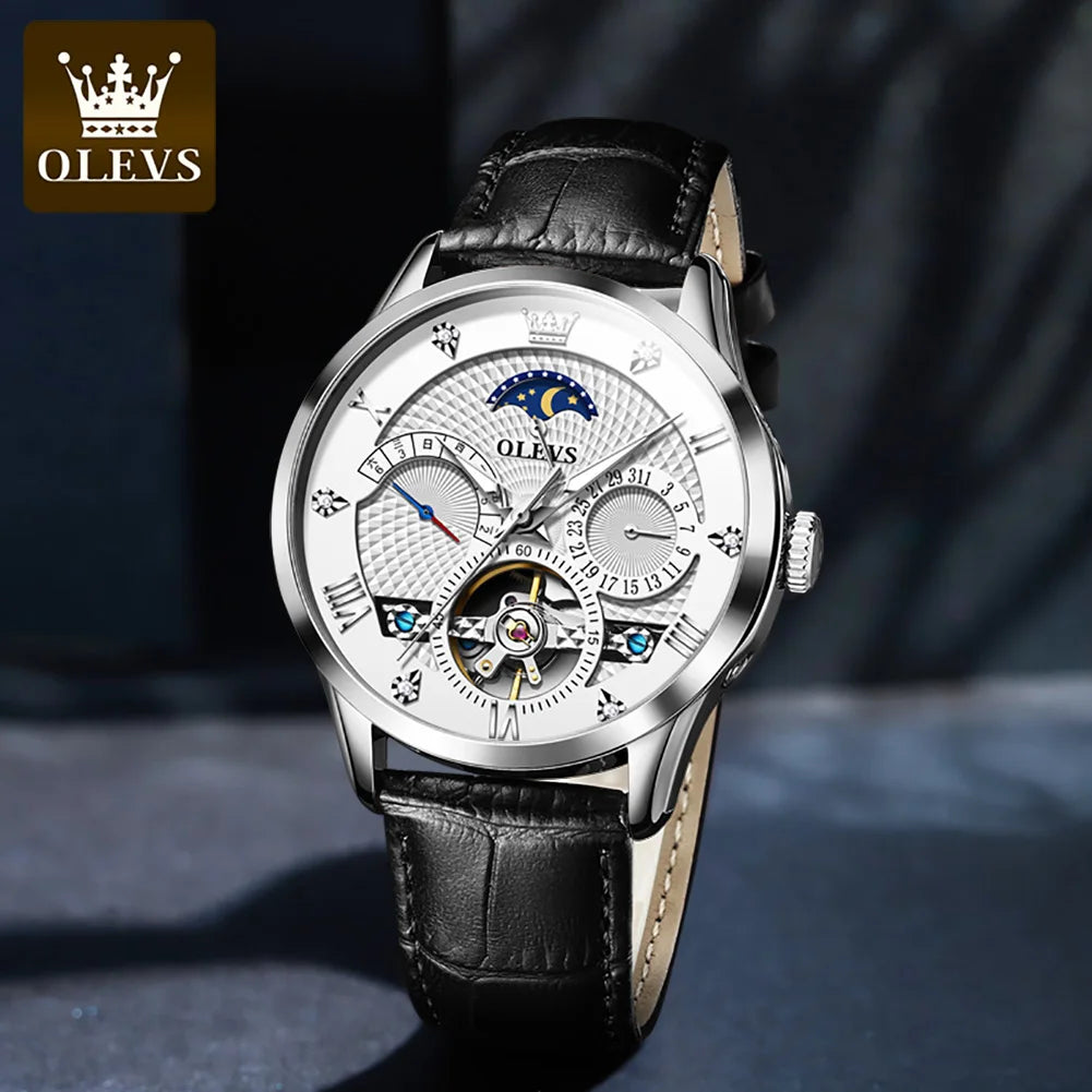 OLEVS Automatic Mechanical Watch – Leather Strap Flywheel for Business Casual