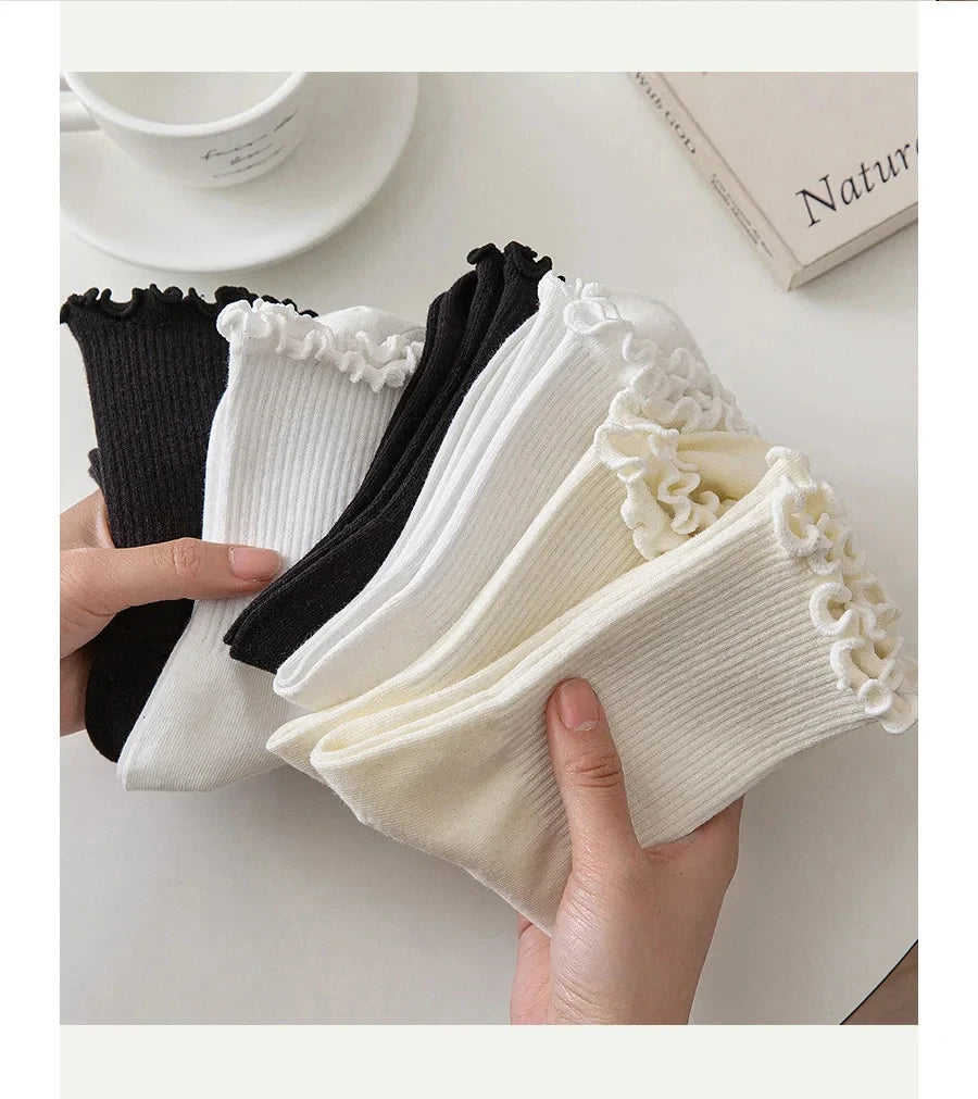 Ruffled Mid-Tube Socks – Breathable Cotton Casual Wear for Women
