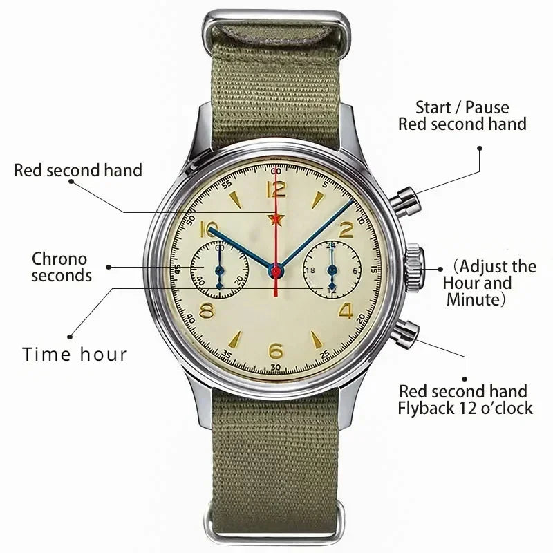 Vintage Pilot Chronograph – 42mm Automatic Waterproof Watch for Men