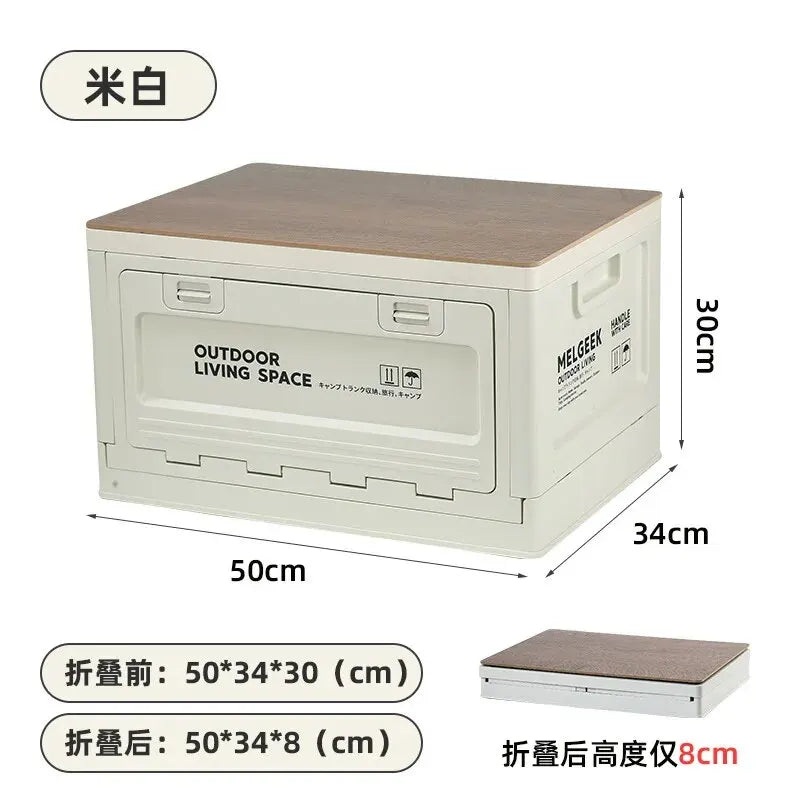 Folding Storage Box – Wooden Lid for Camping and Car Trunk Organization