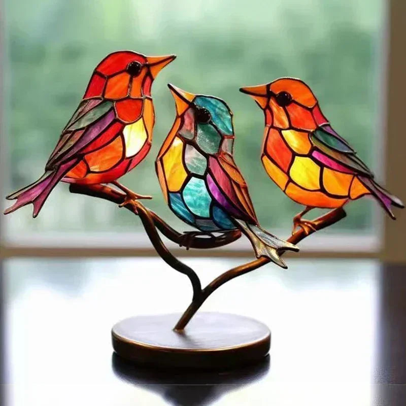 Stained Acrylic Bird Statue – Colorful 2D Branch Ornament for Home Decor