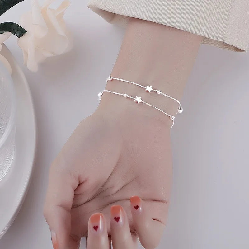 925 Sterling Silver Star Bracelet – Adjustable Double Layer for Party Jewelry