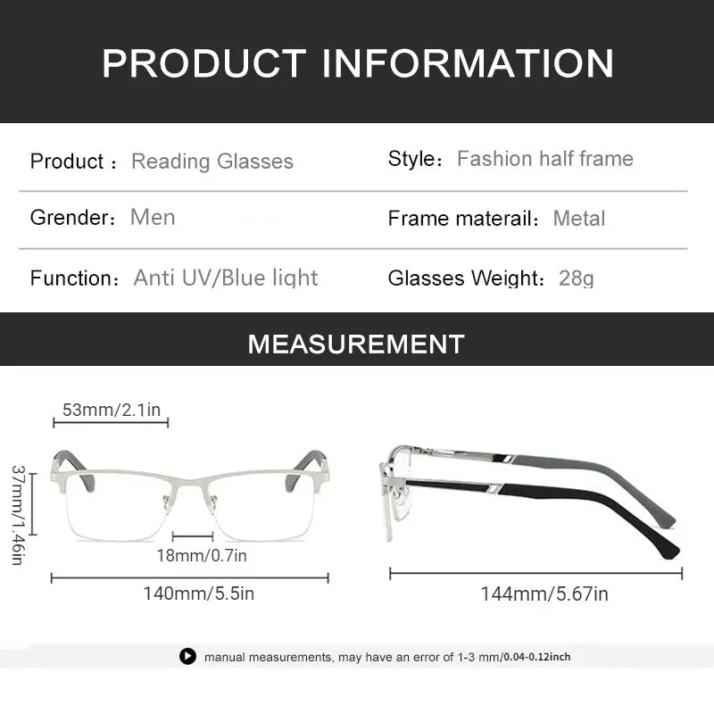 Metal Half-Frame Reading Glasses – Anti-Blue Light Eyewear for Business