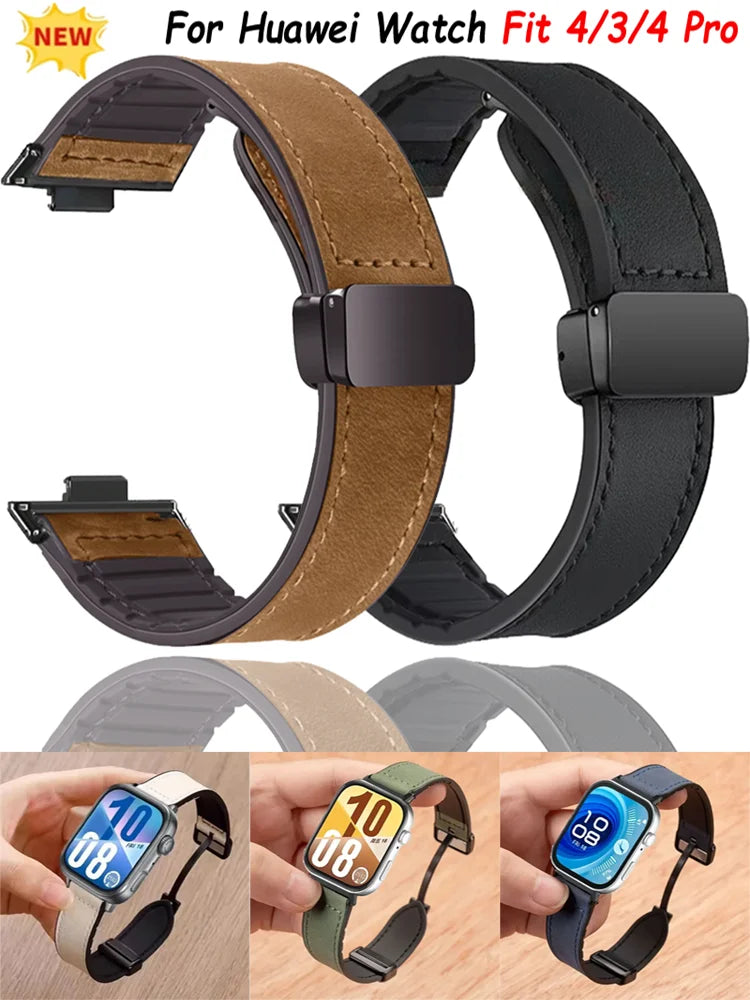 Leather Silicone Hybrid Strap – Breathable Magnetic Band for Huawei Watch Fit