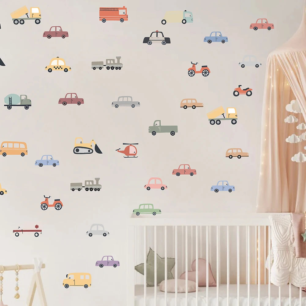 Cartoon Vehicle Wall Decals – Cute Transport Stickers for Kids Room Decor