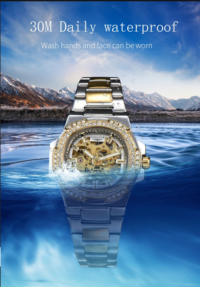 Skeleton Automatic Watch – Luxury Stainless Steel Diamond for Men