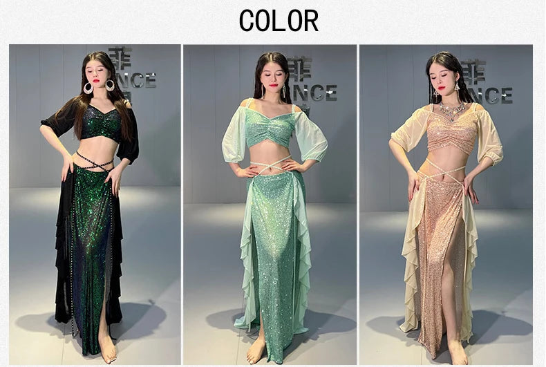 Three women modeling sequin belly dance costumes in green, blue, and gold with ruffled skirts.