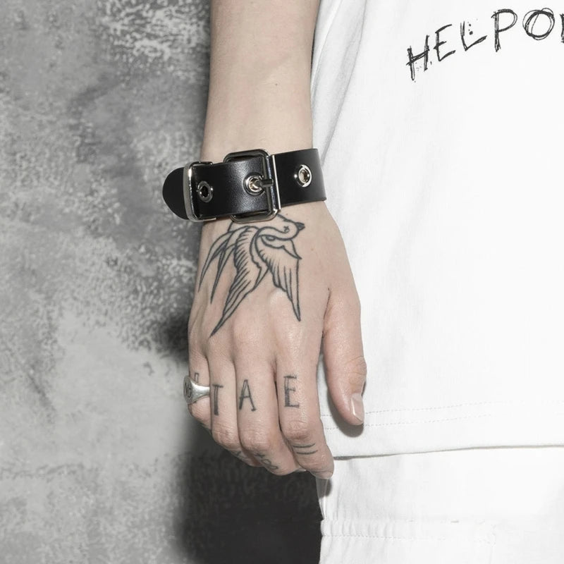 Wide Strap Leather Bracelet – Adjustable Punk Cuff for Gothic Cosplay