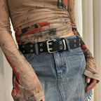 Double Hole Leather Belt – Large Size Y2K Punk Waistband for Men and Women