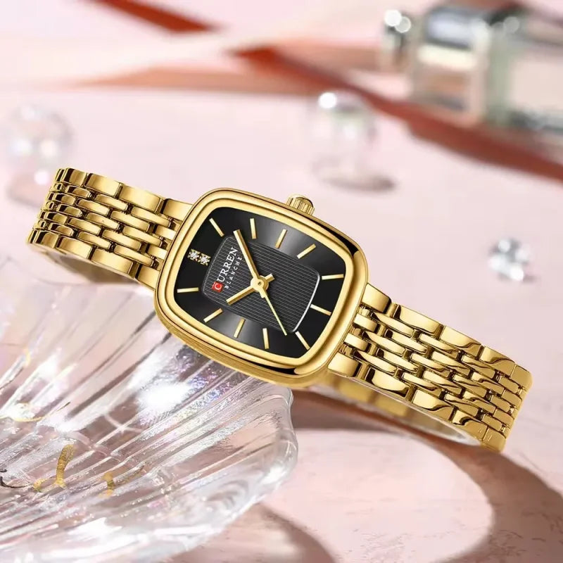 Gold Stainless Steel Quartz Watch – Elegant Square Dial for Business Fashion