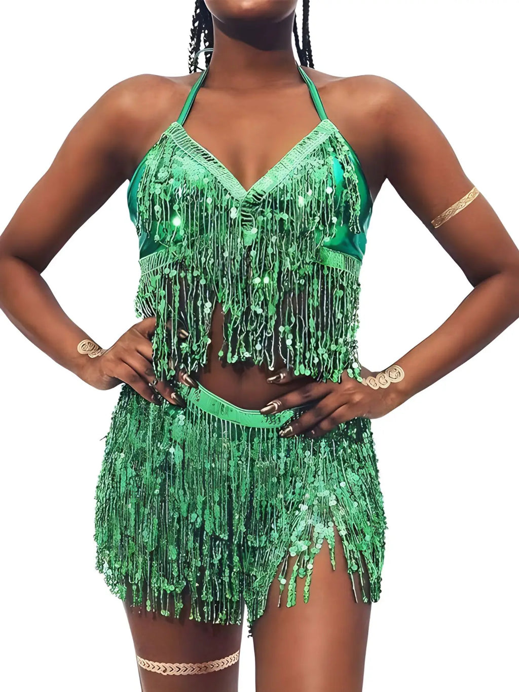 Woman wearing green sequin fringe halter crop top and matching shorts set