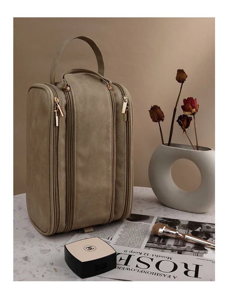 Large PU Leather Makeup Bag – Double Zipper Organizer for Travel Toiletries