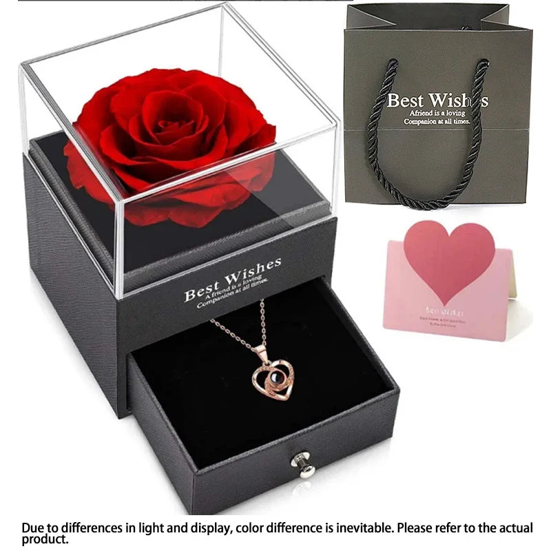 Hollow Zircon Love Heart Necklace – Eternal Flower Gift Box for Mother's Day