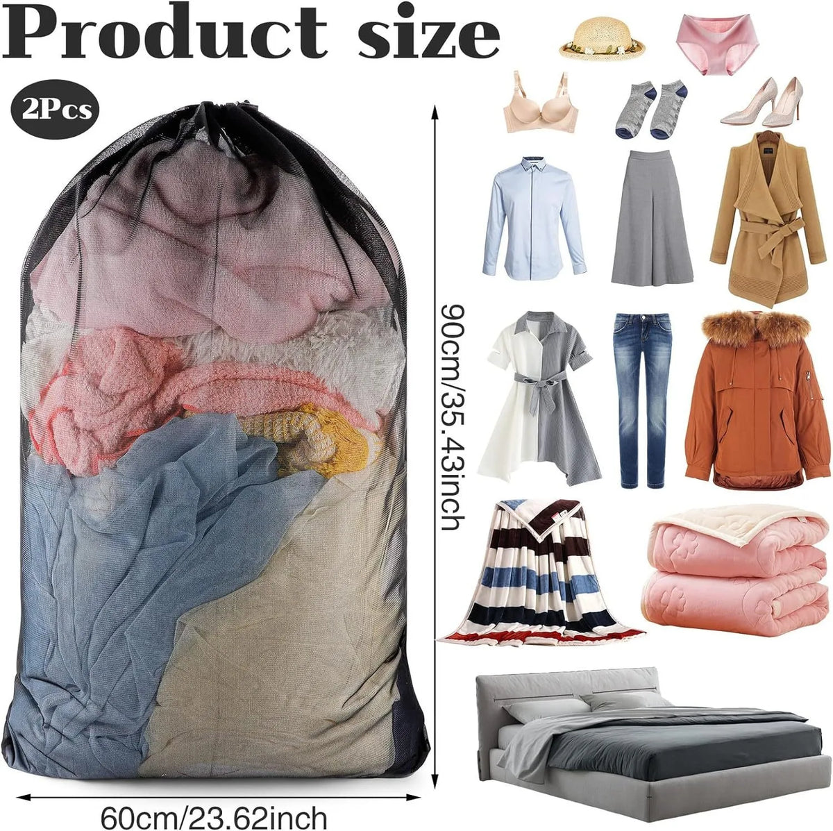 Large Mesh Laundry Bag – 60x90cm Drawstring Organizer for Washing Clothes