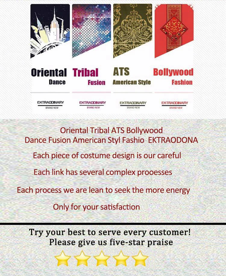 Colorful dance styles graphic featuring Oriental, Tribal Fusion, ATS American Style, Bollywood Fashion with customer satisfaction message and five-star rating.