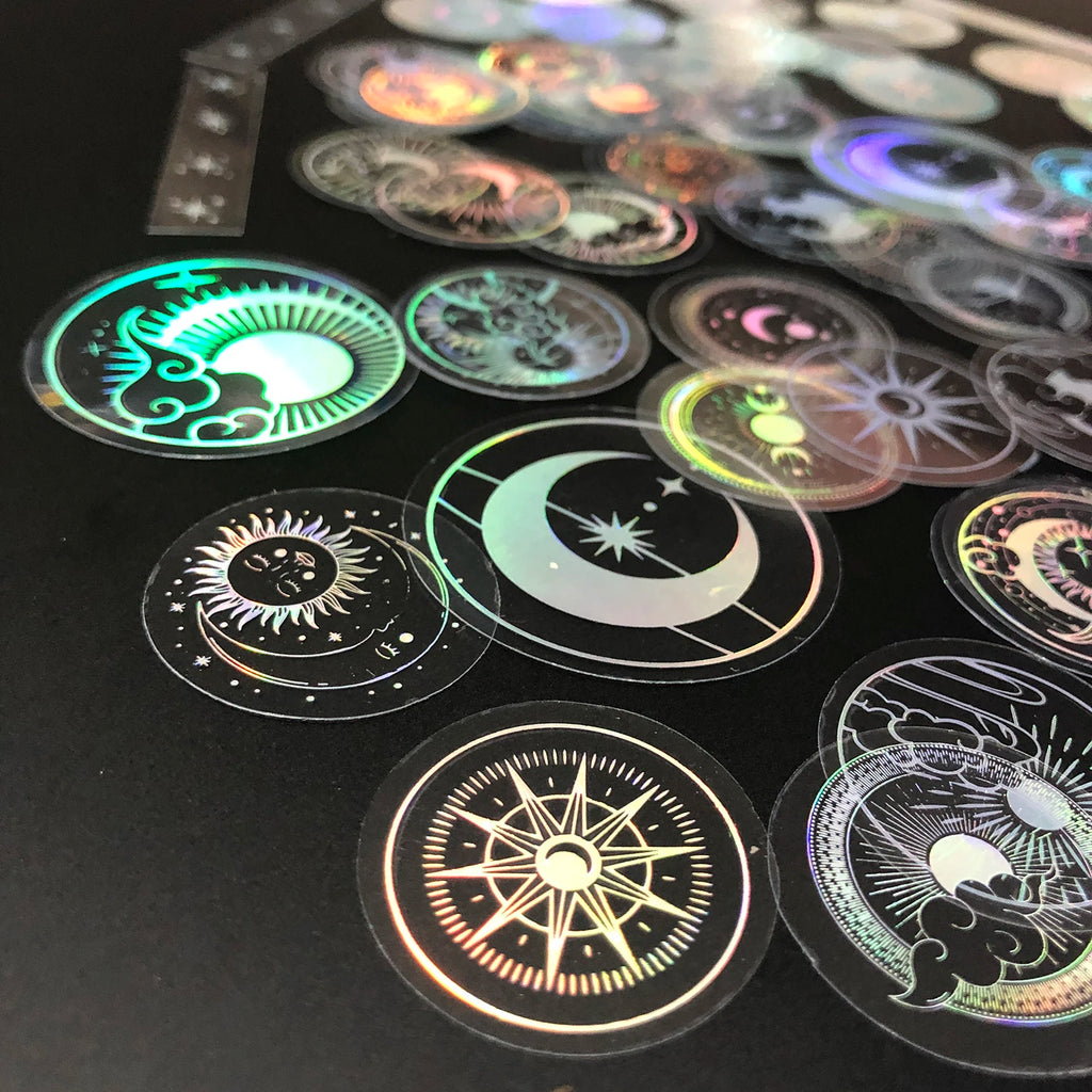 Glitter Gold PET Adhesive Stickers – Celestial Stars and Moon for Journaling
